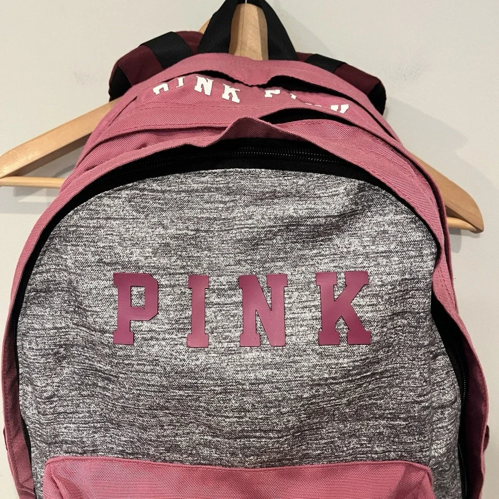 PINK Logo Backpack Pink/Gray/Burgundy Zip Front Pocket Adjustable Straps